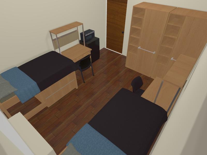Rendering of typical double room layout with beds, desks and closets from exterior wall.