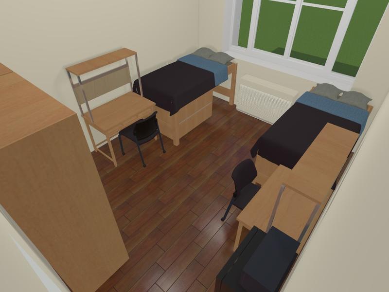 Rendering of typical double room layout with beds, desks and closets from interior wall.