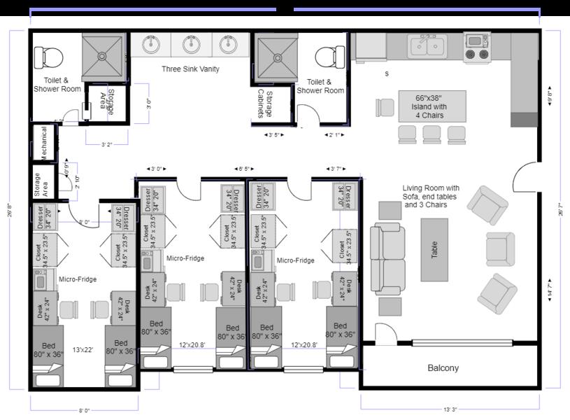 Floor Plan and layout of a apartment in Nittany IV