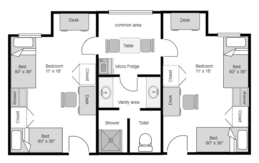 Floor Plan and layout of a suite in Almany Hall
