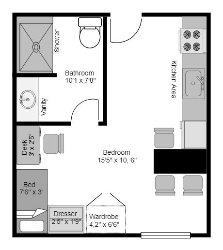 Floor Plan and layout of a Single apartment in LionsGate