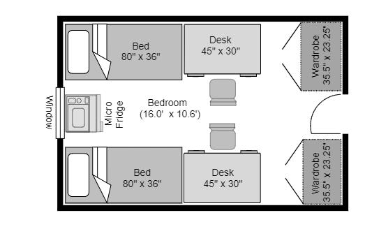Floor Plan and layout of a room in Oak Hall