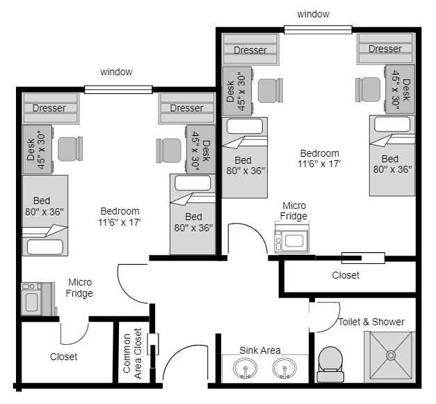 Floor Plan and layout of suite in Spruce Hall