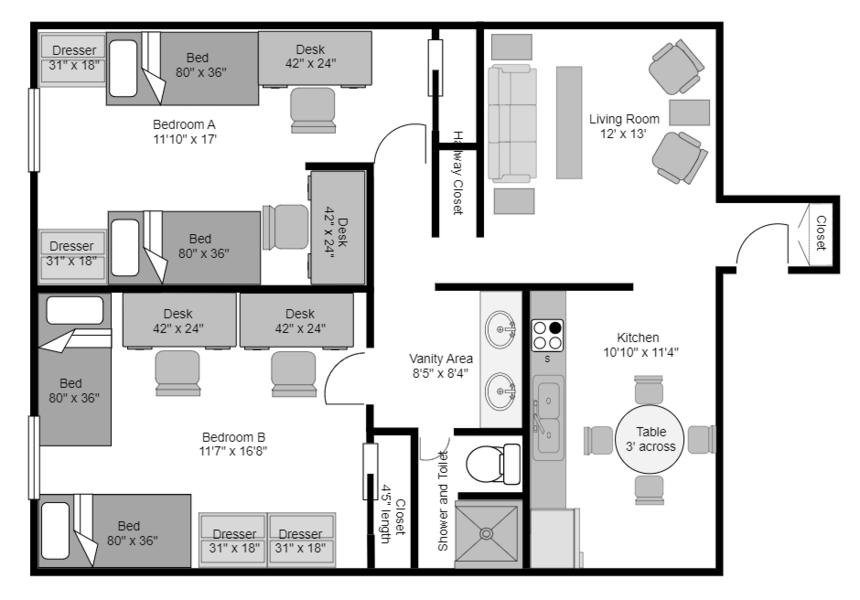 Floor Plan and layout of a apartment in Behrend Apartments