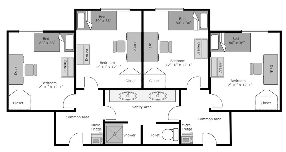 Floor Plan and layout of a singles suite in Ohio Hall