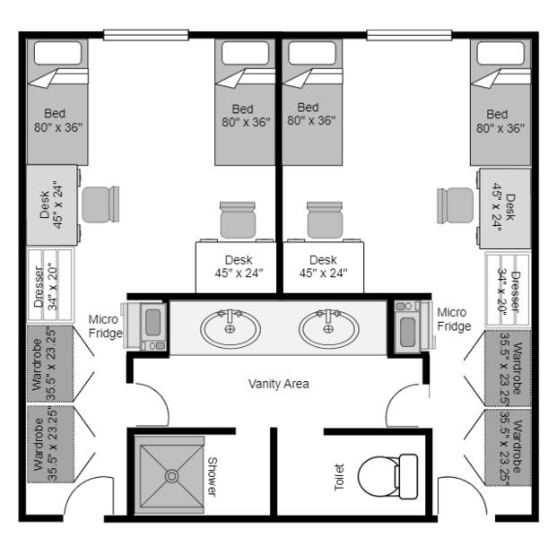 Floor Plan and layout of a doubles suite in the Woods