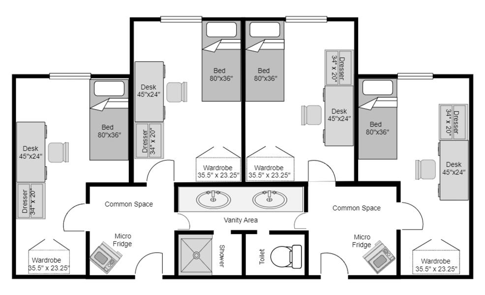 Floor Plan and layout of a suite of Single Rooms in the Woods