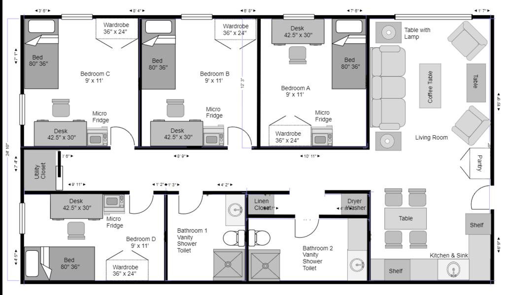 Floor Plan and layout of suite in Capital Village
