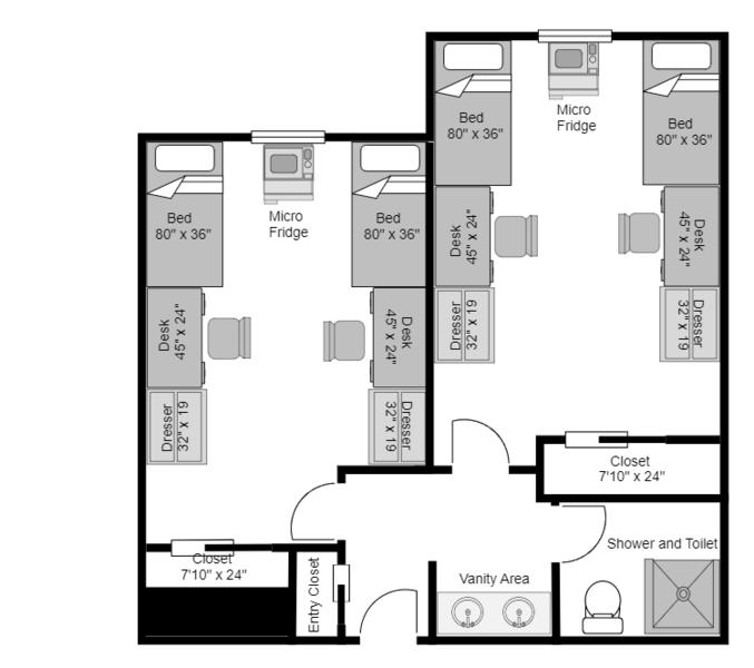 Floor Plan and layout of a suite in North Hall