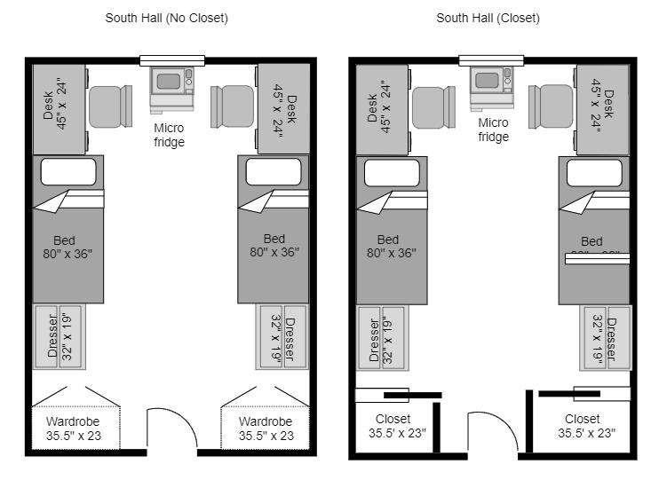 Floor Plan and layouts of two rooms in South Hall