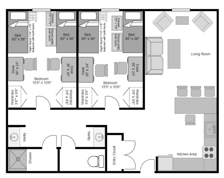 Floor Plan and layout of a 4/Person apartment in Lions Gate