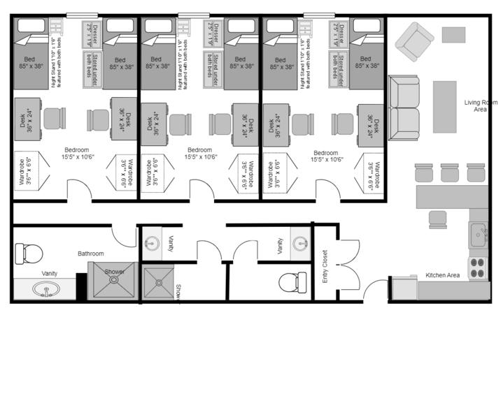 Floor Plan and layout of 6/Person apartment in Lions Gate