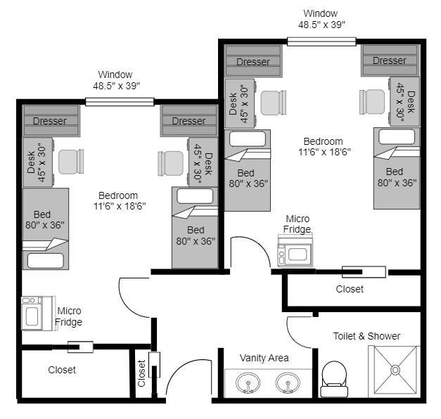 Floor Plan and layout of a suite in Penn Gate II