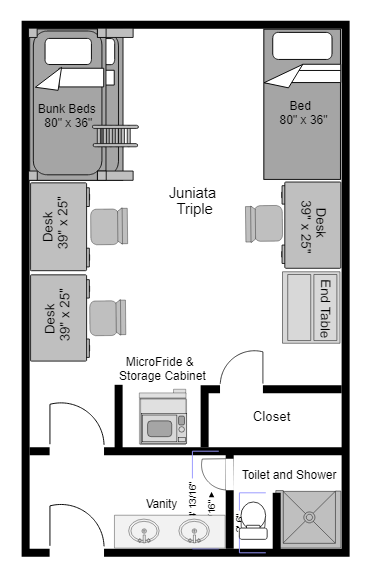 Floor Plan and Layout of a triple room in Juniata Hall at Harrisburg
