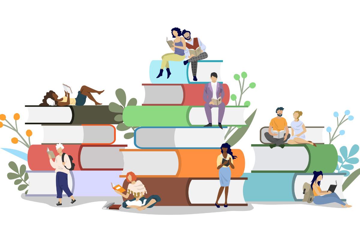 illustration of huge books stacked with people sitting on them and reading