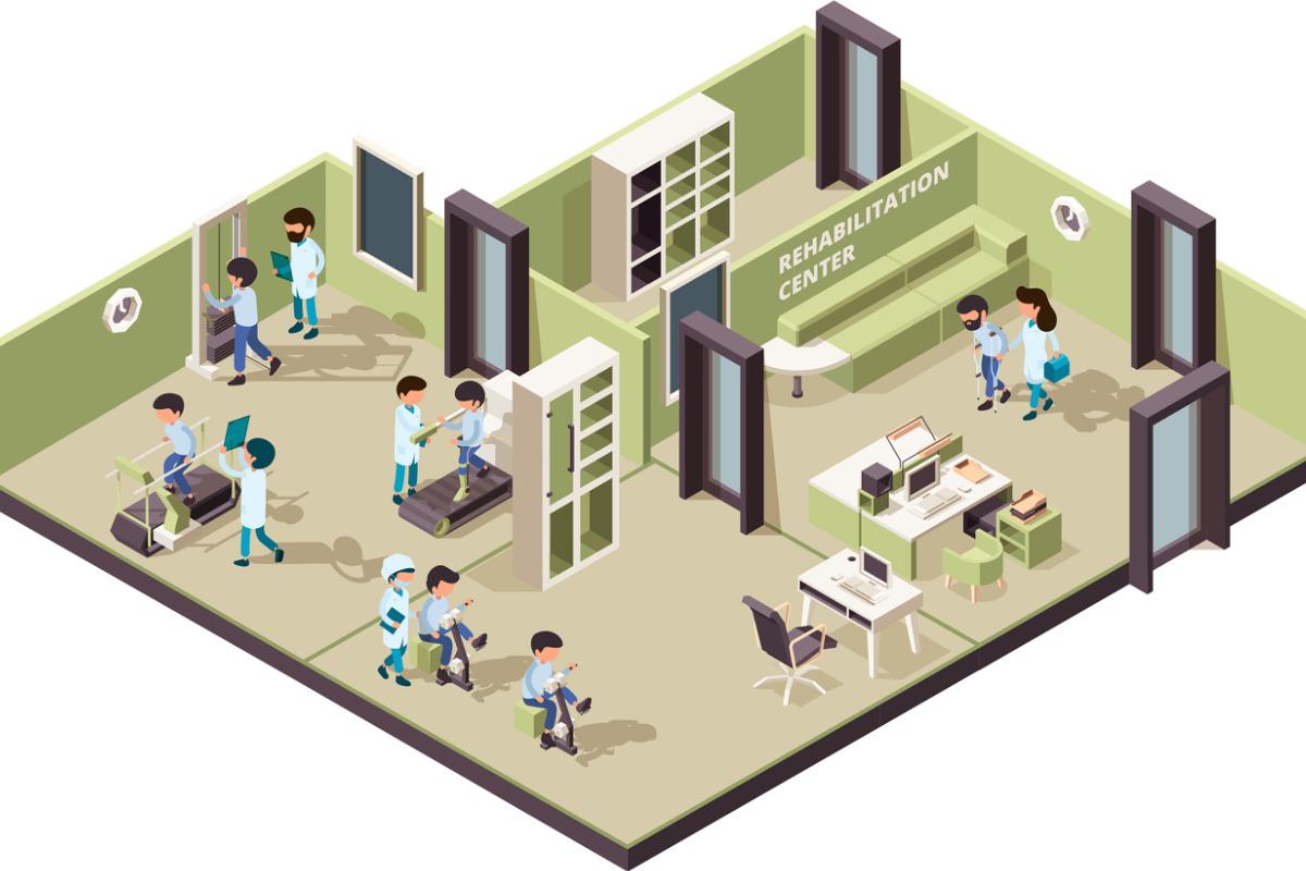 illustration of rehabilitation center and physical therapists helping patients