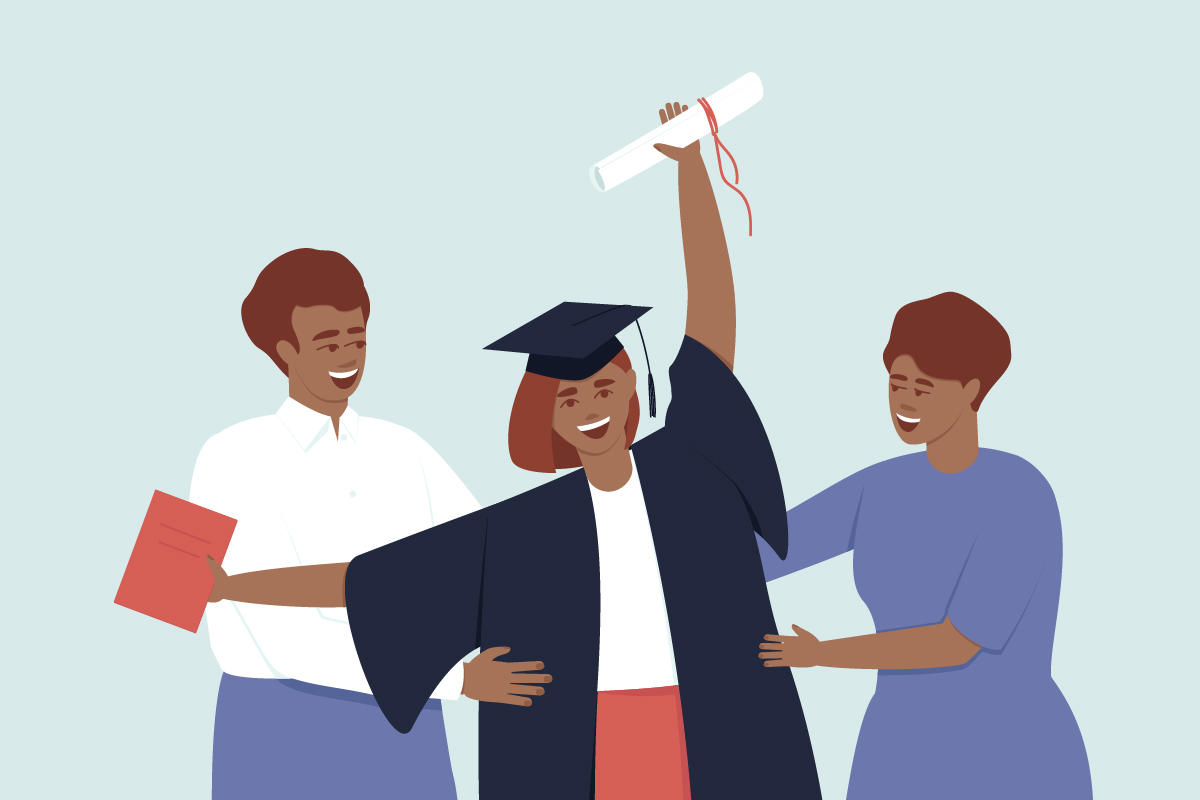 illustration of graduating student with family