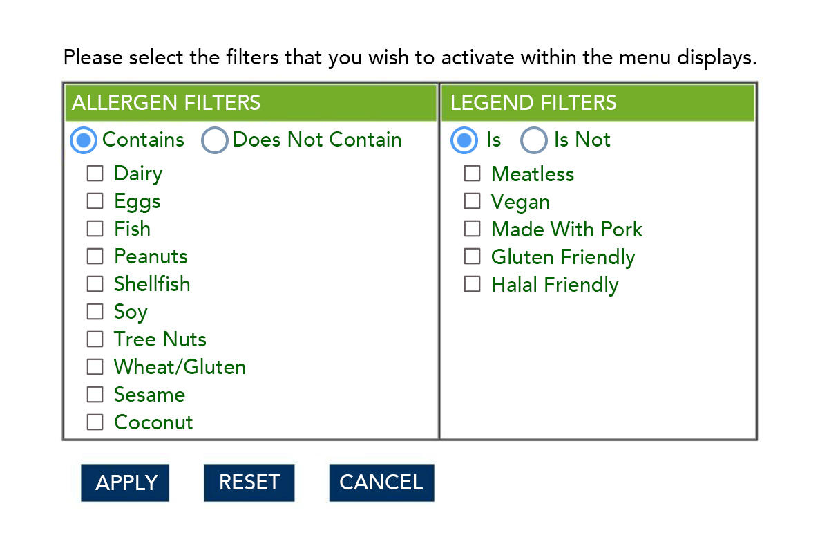 view of allergen filters available in the menu.hfs.psu site