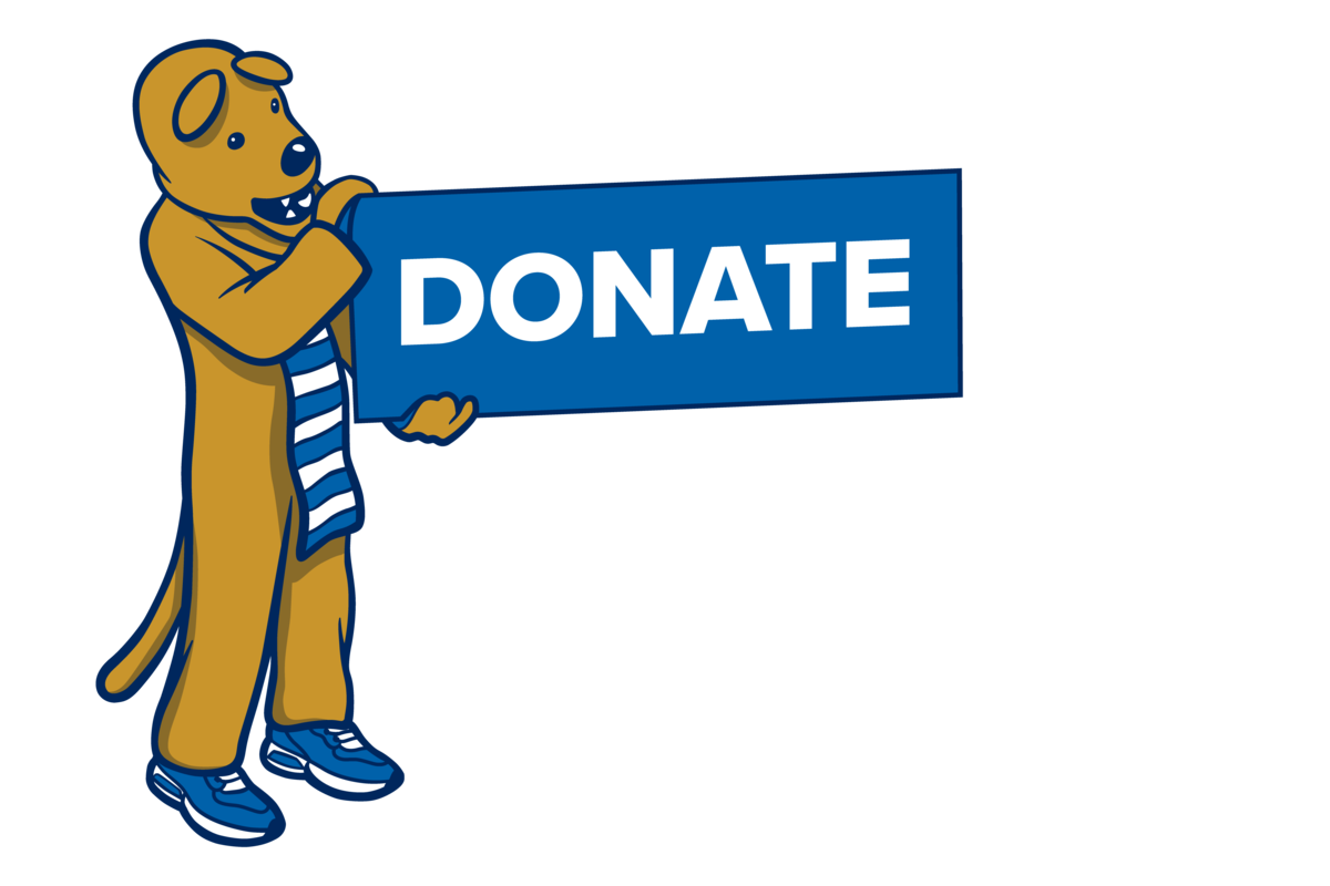 Nittany Lion holding donate sign