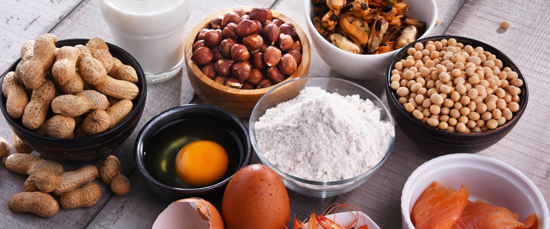 assortment of common food allergens including eggs, peanuts, flour, fish, milk, shellfish, and tree nuts