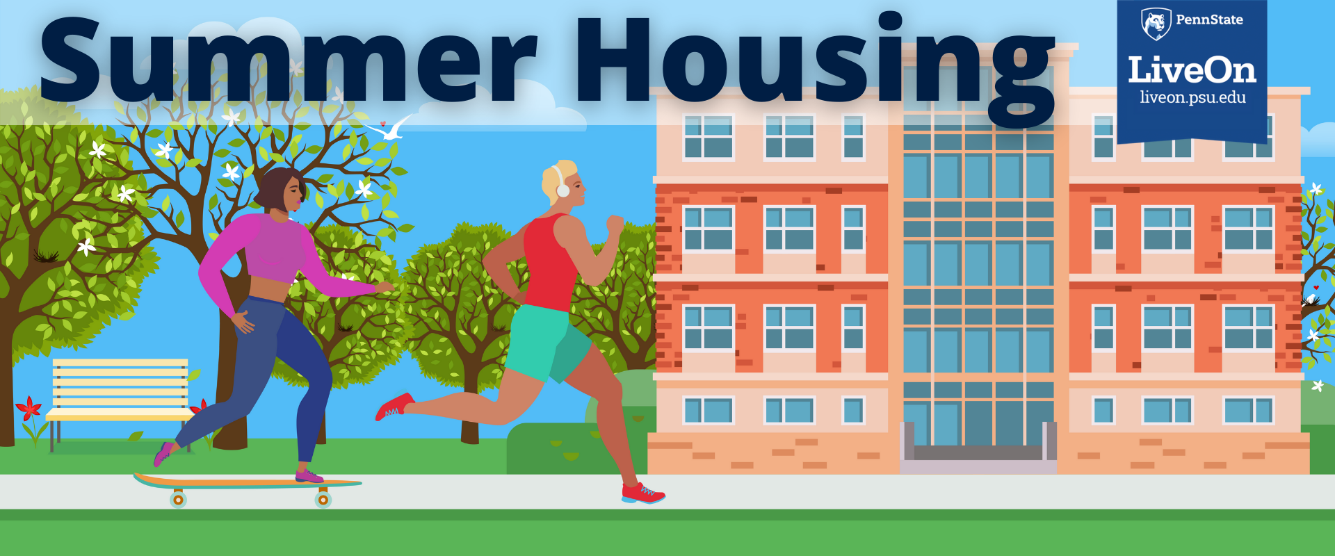drawing of residence hall with students running and text overlay "Summer Housing"