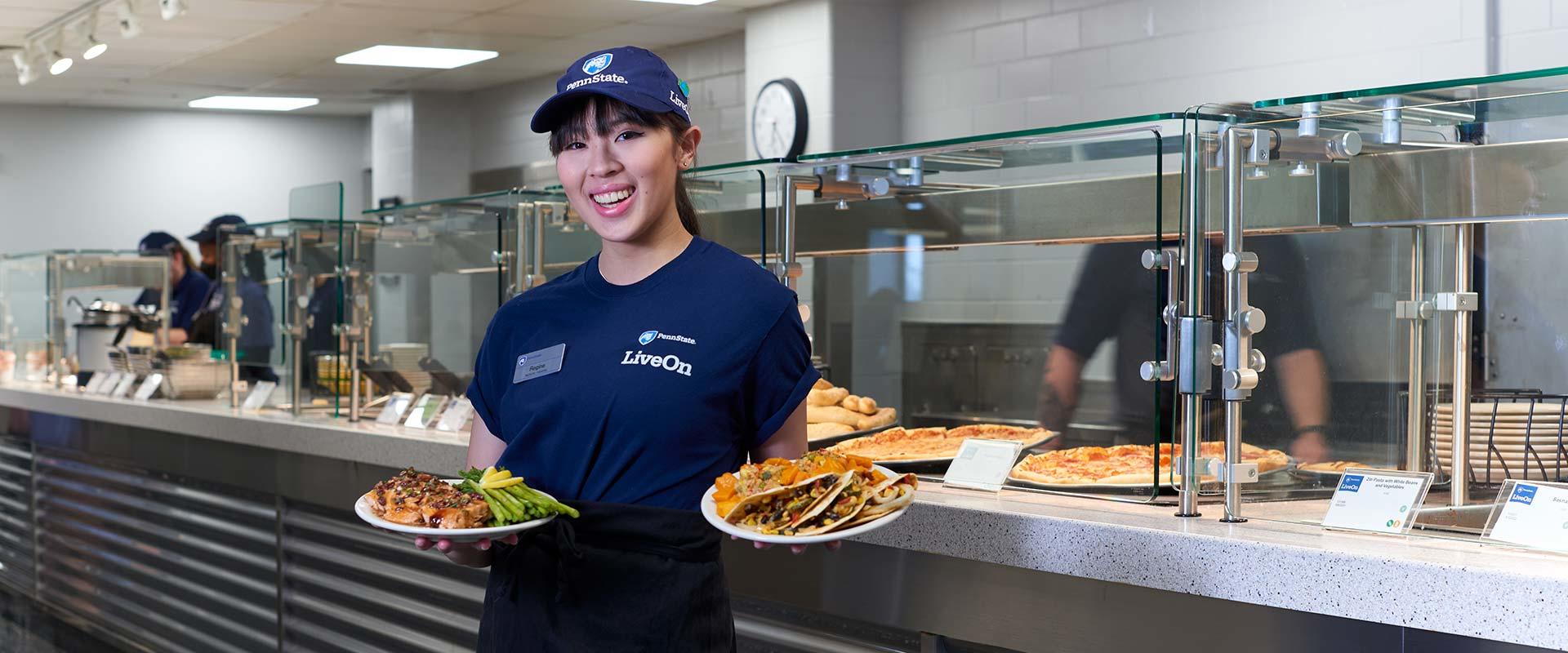 student dining employee presents dinner options