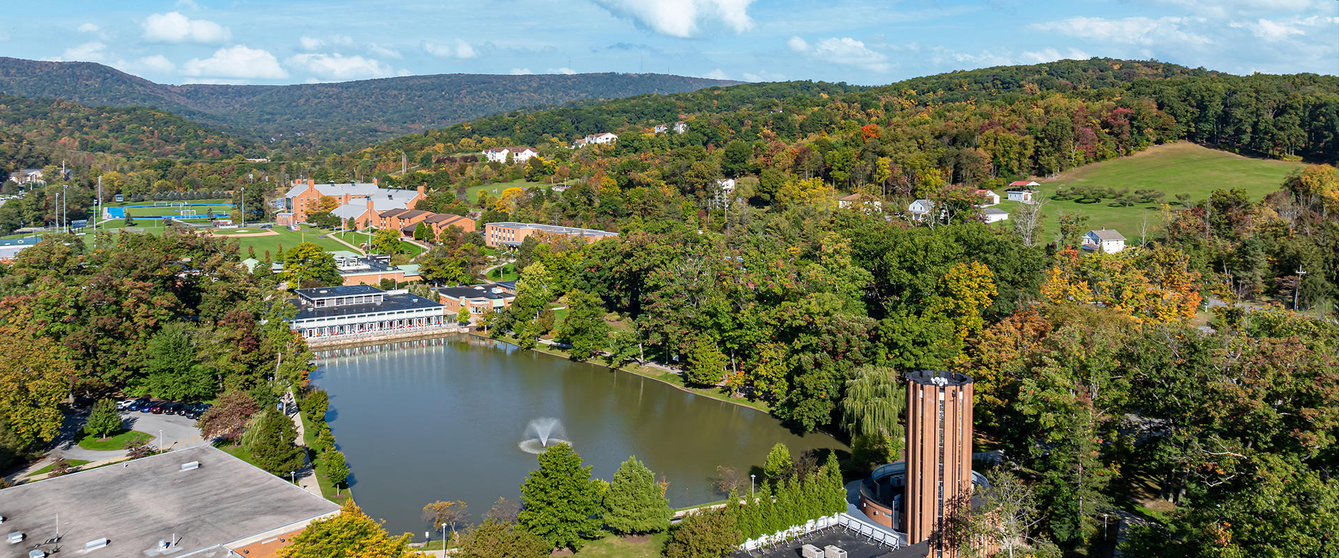 Drone photo of Penn State Altoona campus in early autumn